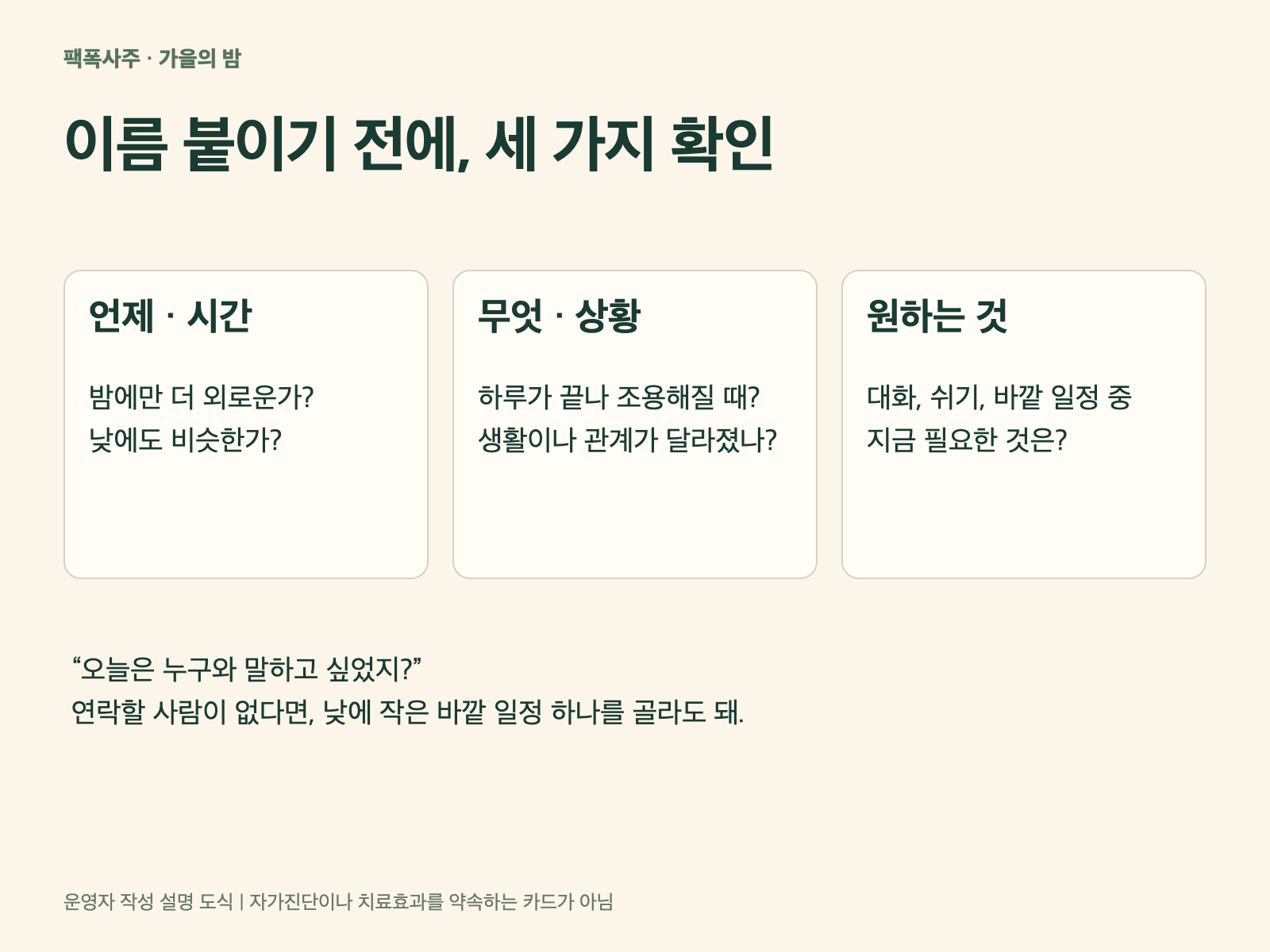 언제·어떤 상황·원하는 것 세 칸에서 접촉·쉬기·활동으로 이어지는 일상 기록 도식