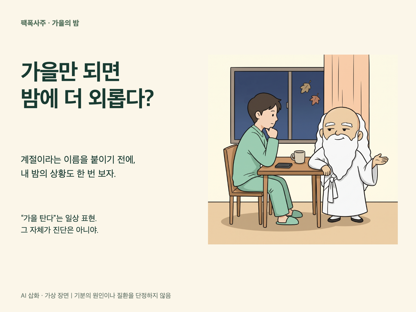 뒤집어 둔 휴대전화 곁의 식탁에 앉은 성인과 밤 창밖, 작은 산신령의 가상 장면