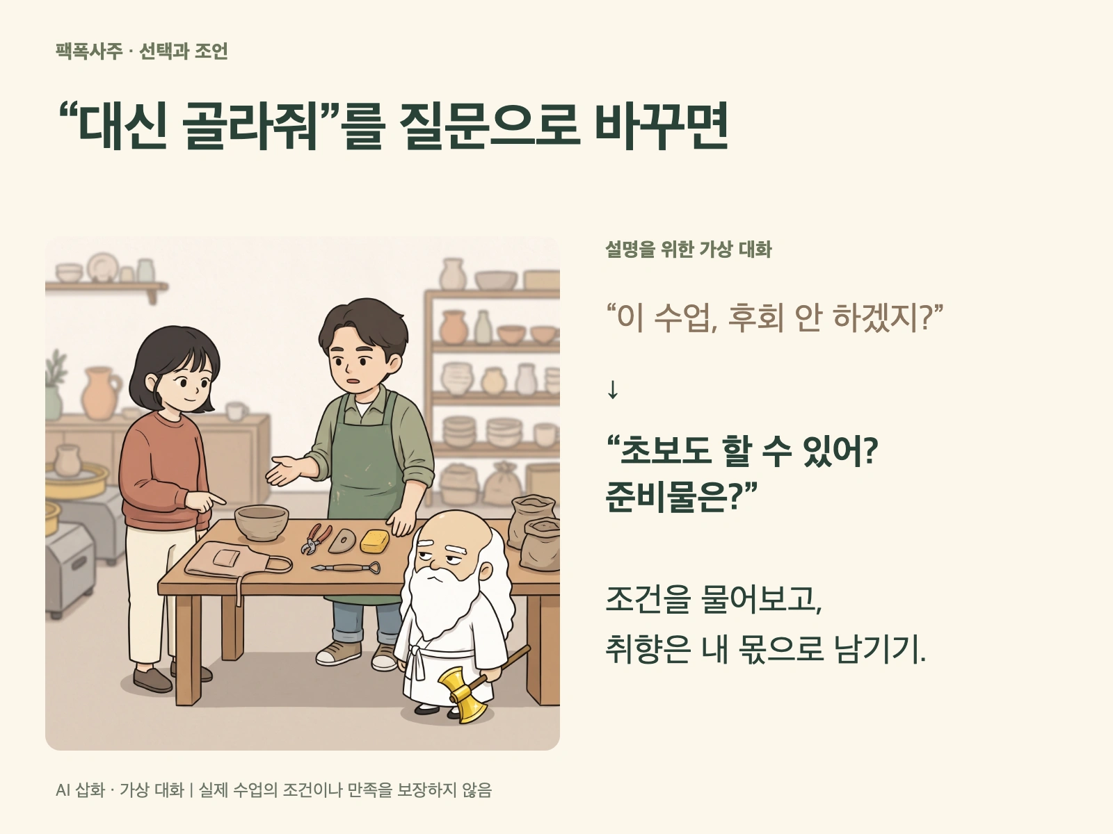 취미 수업에 관해 대신 선택해 달라는 말에서 실제 조건을 묻는 말로 바꾸는 가상 대화 카드