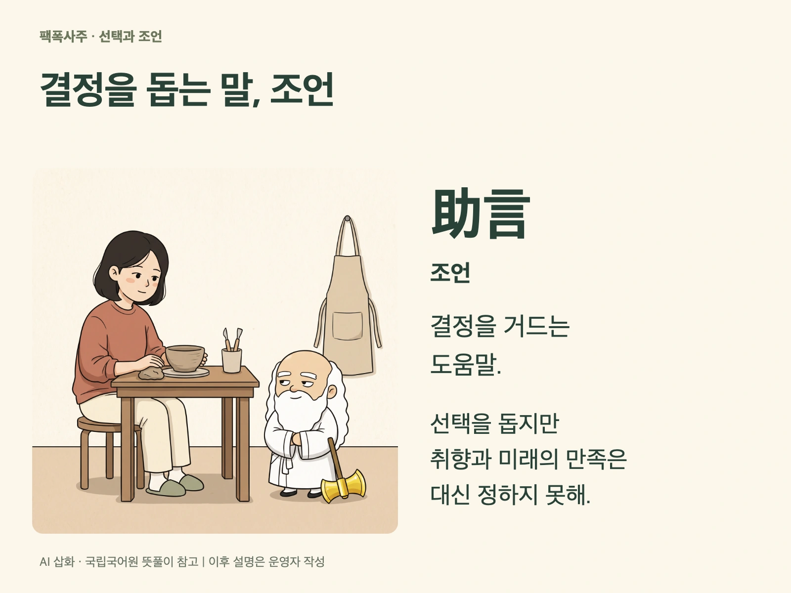 助言 조언과 사실 확인, 미래 만족의 차이를 설명하는 개념 카드