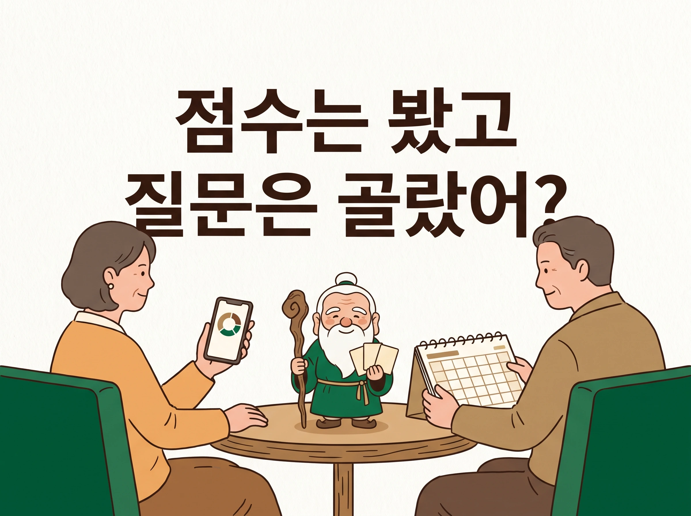 휴대폰과 주말 달력을 든 두 성인에게 질문 카드를 건네는 산신령