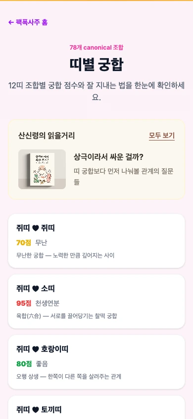 팩폭사주 띠별 궁합에서 두 사람의 띠 조합과 점수·한줄 설명을 살펴보는 목록 화면