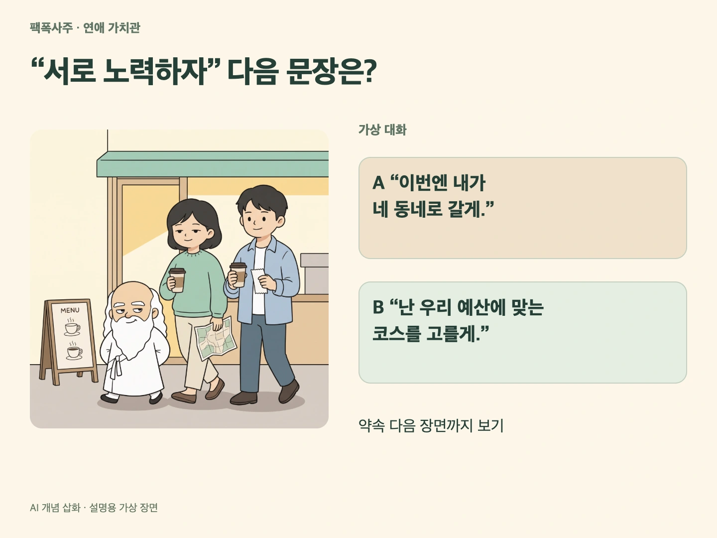 만날 동네와 예산을 바꿔 약속을 실제로 지키는 커플과 작은 산신령의 가상 장면 및 대화 카드