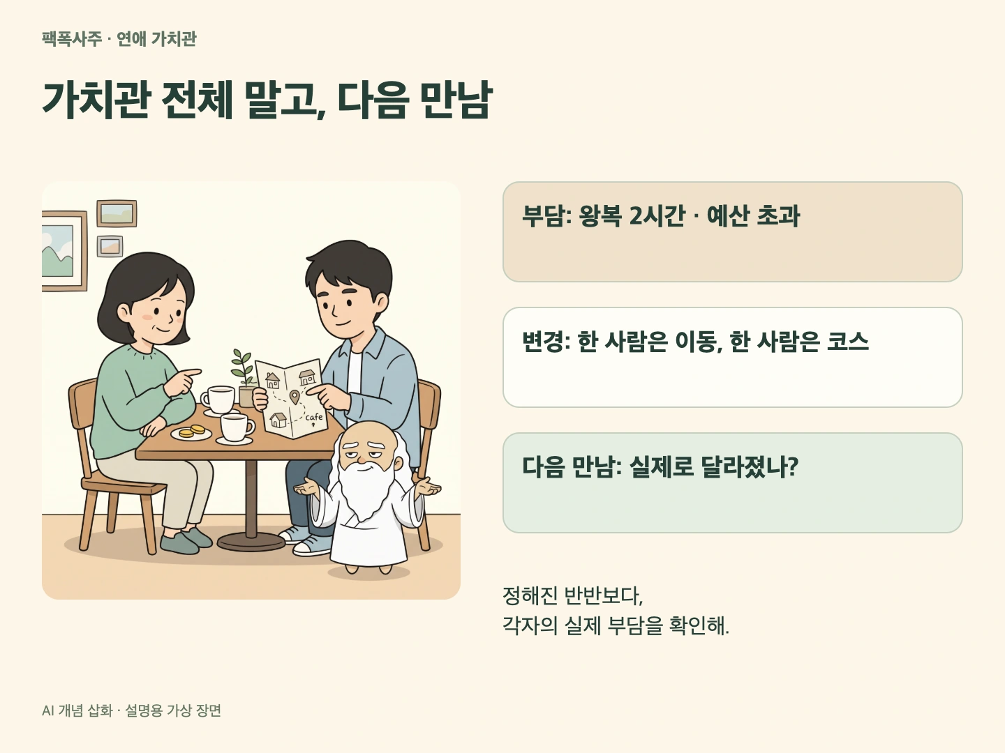 현재의 이동·지출 부담에서 각자 맡을 행동을 정하고 다음 만남의 실제 변화를 확인하는 세 단계 도식