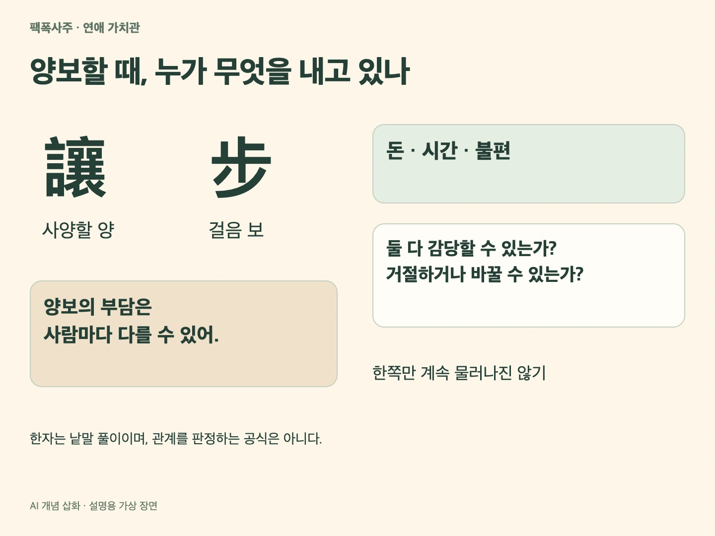 讓 사양할 양과 步 걸음 보, 양보할 때 드는 돈·시간·불편을 살피는 개념 카드