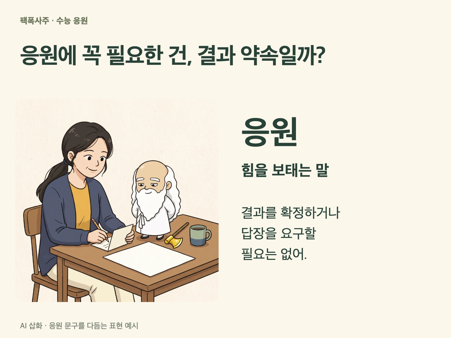 응원을 힘을 보태는 말로 풀고 결과 확정과 답장 요구를 덜어 보자는 개념 카드