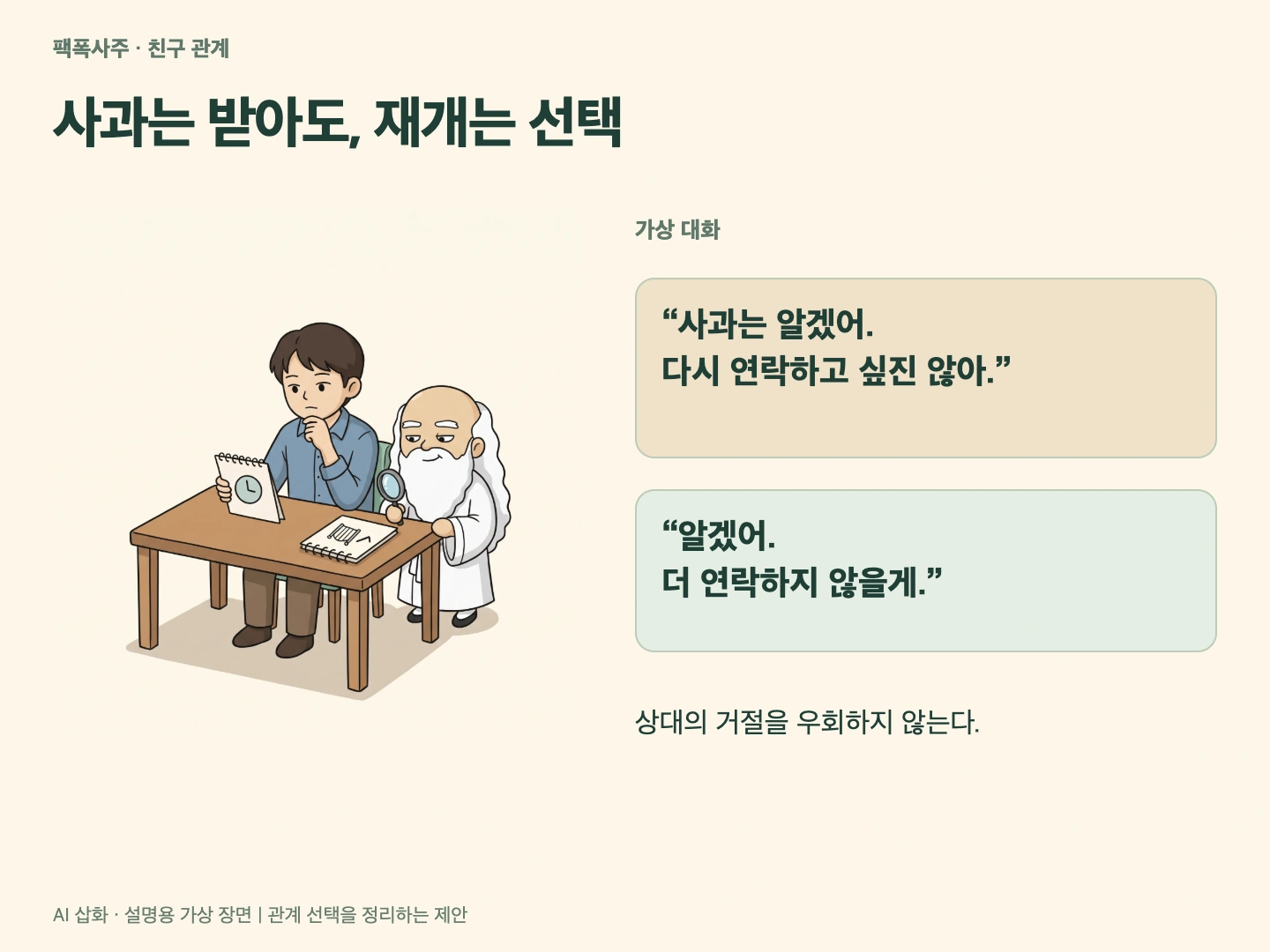 달력과 시계가 놓인 테이블의 성인 남성, 돋보기와 문 그림 곁의 작은 산신령 및 거절을 존중하는 가상 대화 카드