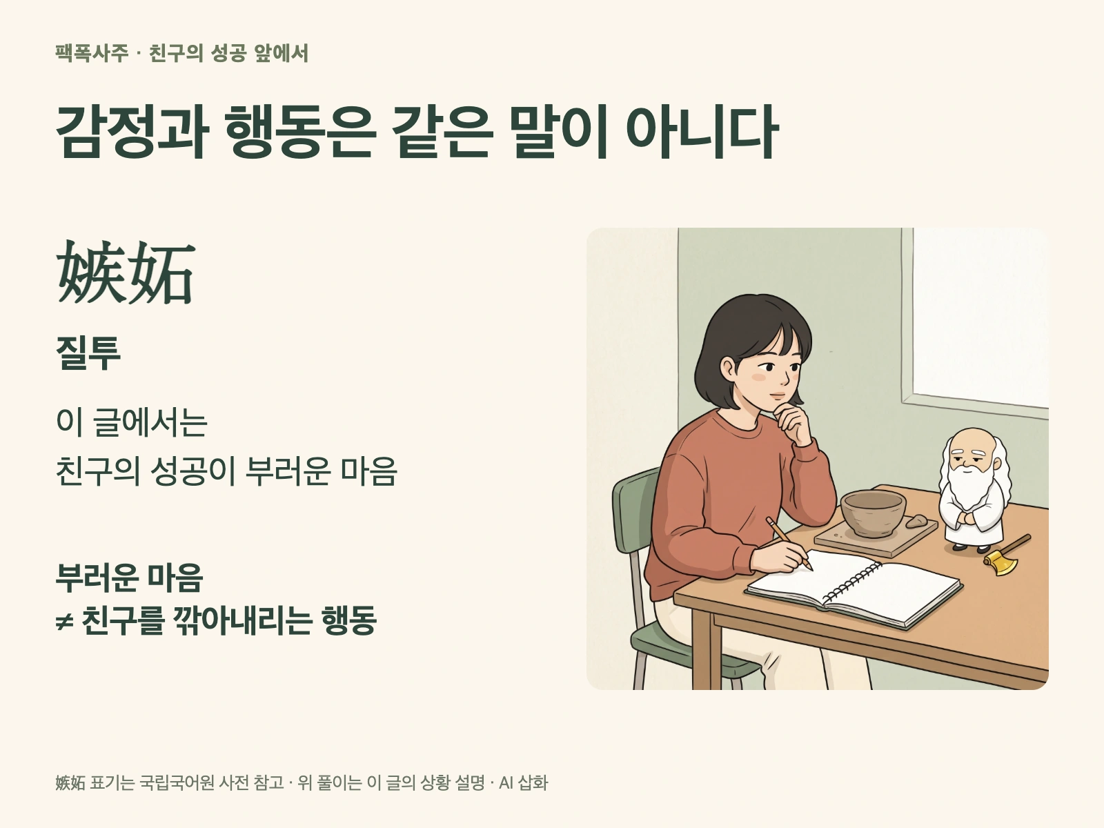 嫉妬 질투의 뜻과 부러운 마음·친구를 깎아내리는 행동의 차이를 보여 주는 개념 카드