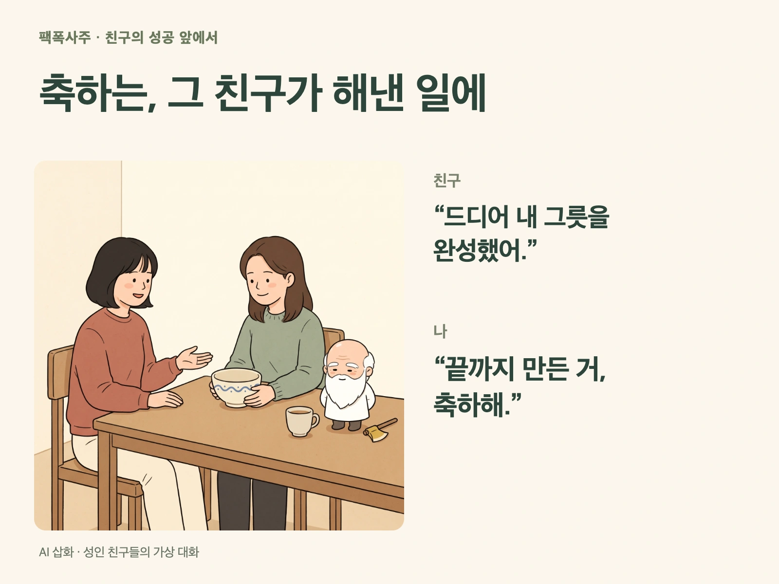 도자기를 완성한 친구와 끝까지 만든 일을 축하하는 친구의 짧은 가상 대화