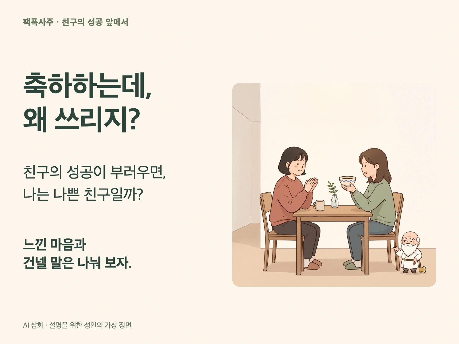 친구가 완성한 도자기를 함께 보는 성인 친구들과 작은 산신령, 축하하는데 왜 쓰리지라는 문구