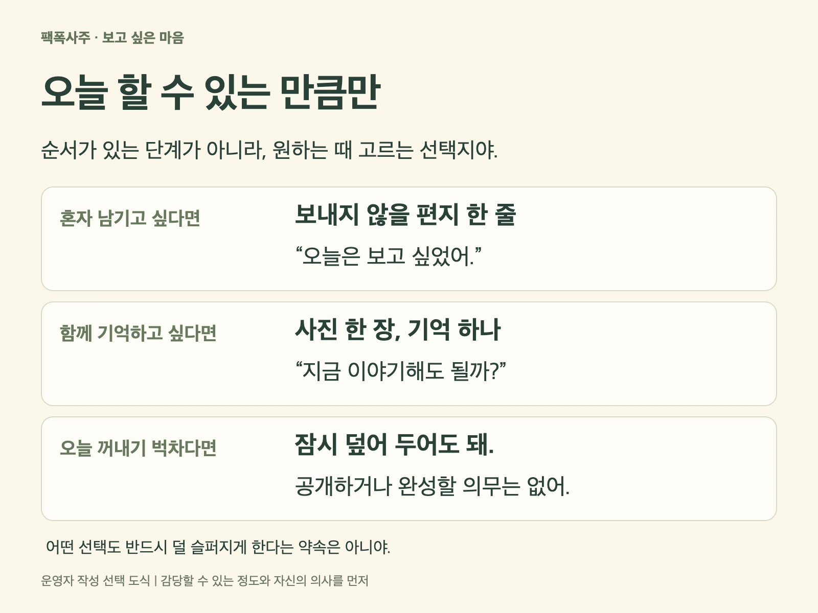 혼자 편지 쓰기, 함께 기억 나누기, 오늘은 쉬기 중 원하는 것을 고르는 선택 도식