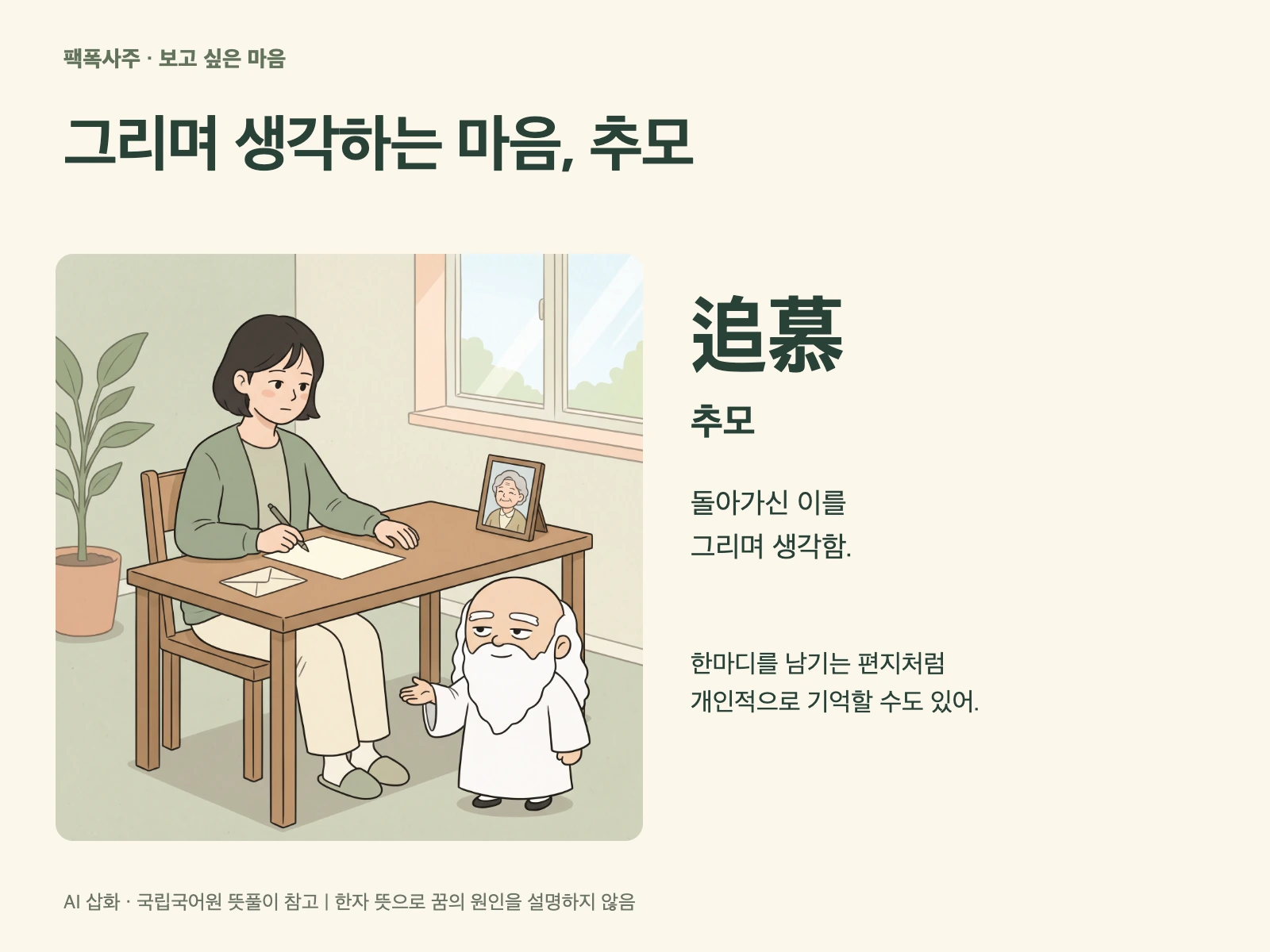 追慕 추모의 뜻과 보내지 않는 편지를 소개하는 한자·개념 카드
