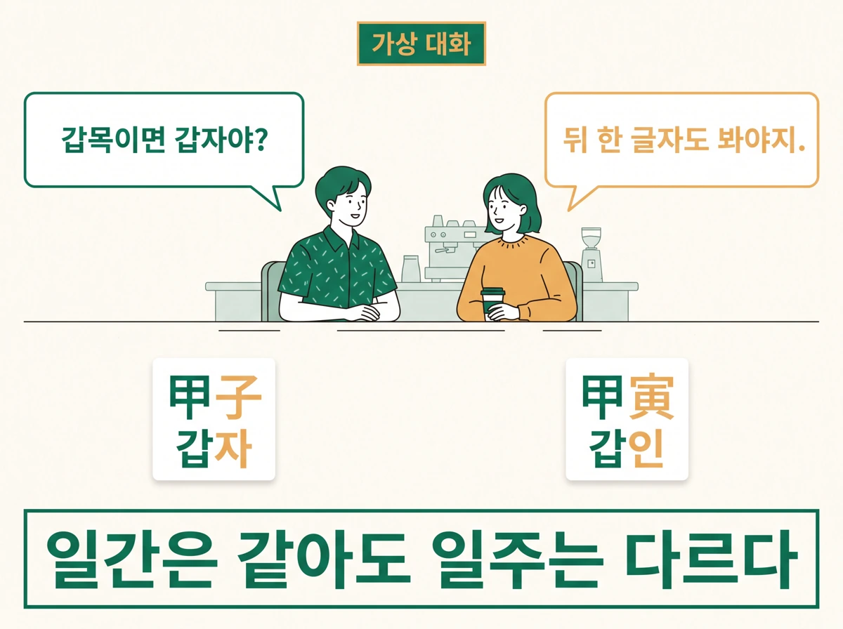 갑목이면 갑자인지 묻는 가상 대화와 甲子·甲寅을 나란히 놓아 같은 일간이어도 일주가 다를 수 있음을 보여 주는 카드