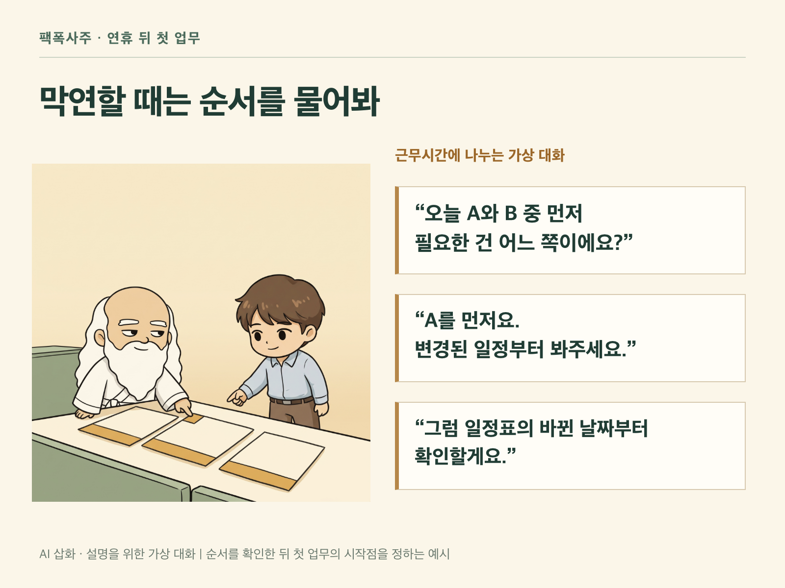 동료에게 A와 B의 우선순위를 확인하고 첫 문서의 확인 항목을 정하는 새 가상 대화 카드