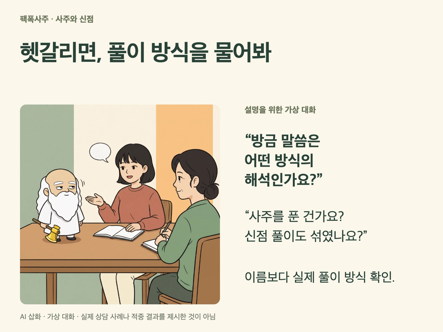 어떤 방식의 해석인지 묻는 성인과 작은 산신령의 설명용 가상 대화 카드