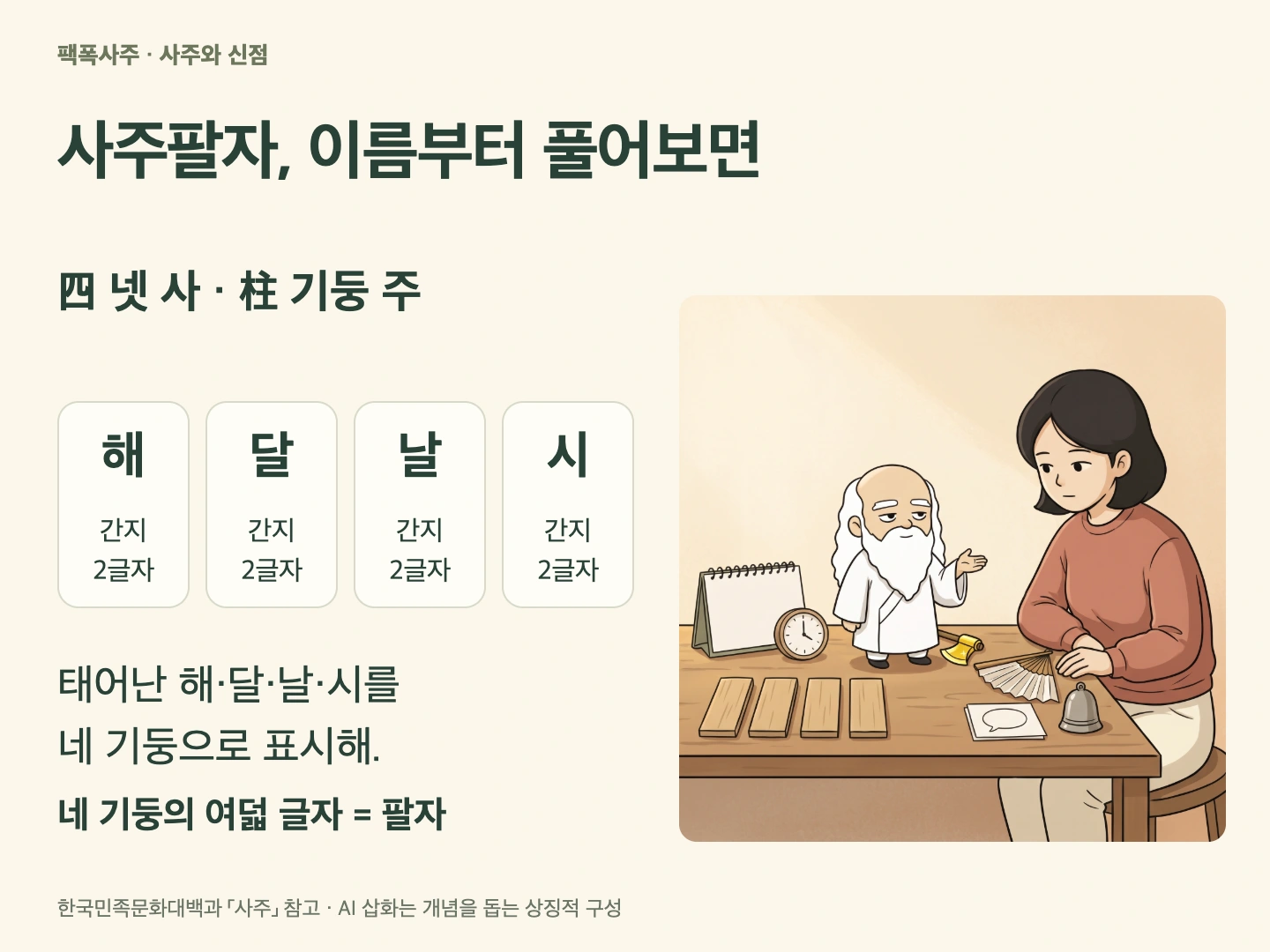 四 넷 사와 柱 기둥 주, 태어난 해·달·날·시 네 기둥에 간지 두 글자씩을 대응한 사주팔자 개념 카드
