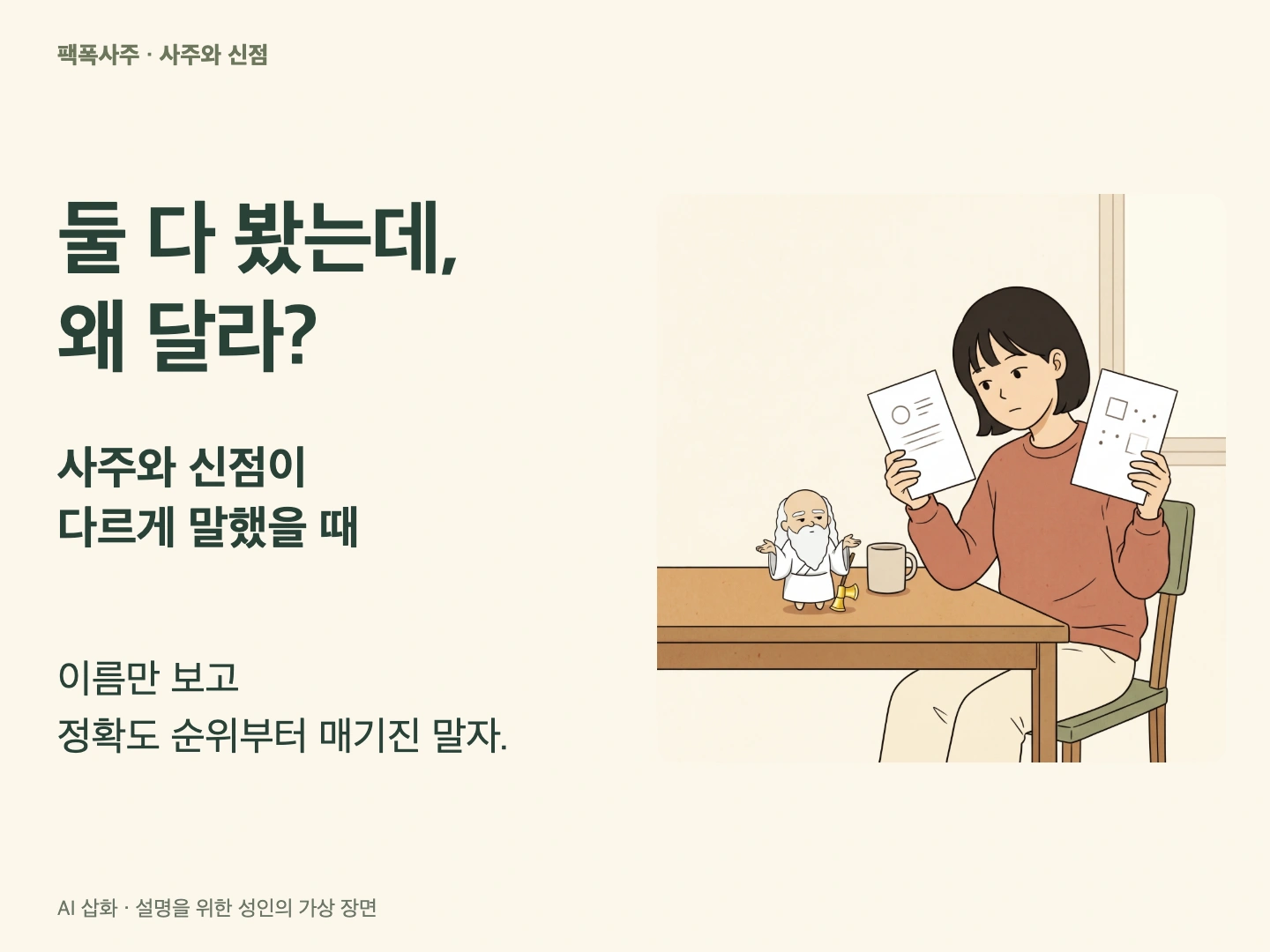 서로 다른 설명이 적힌 두 메모 사이에서 갸웃하는 성인과 작고 둥근 산신령의 가상 상담 삽화