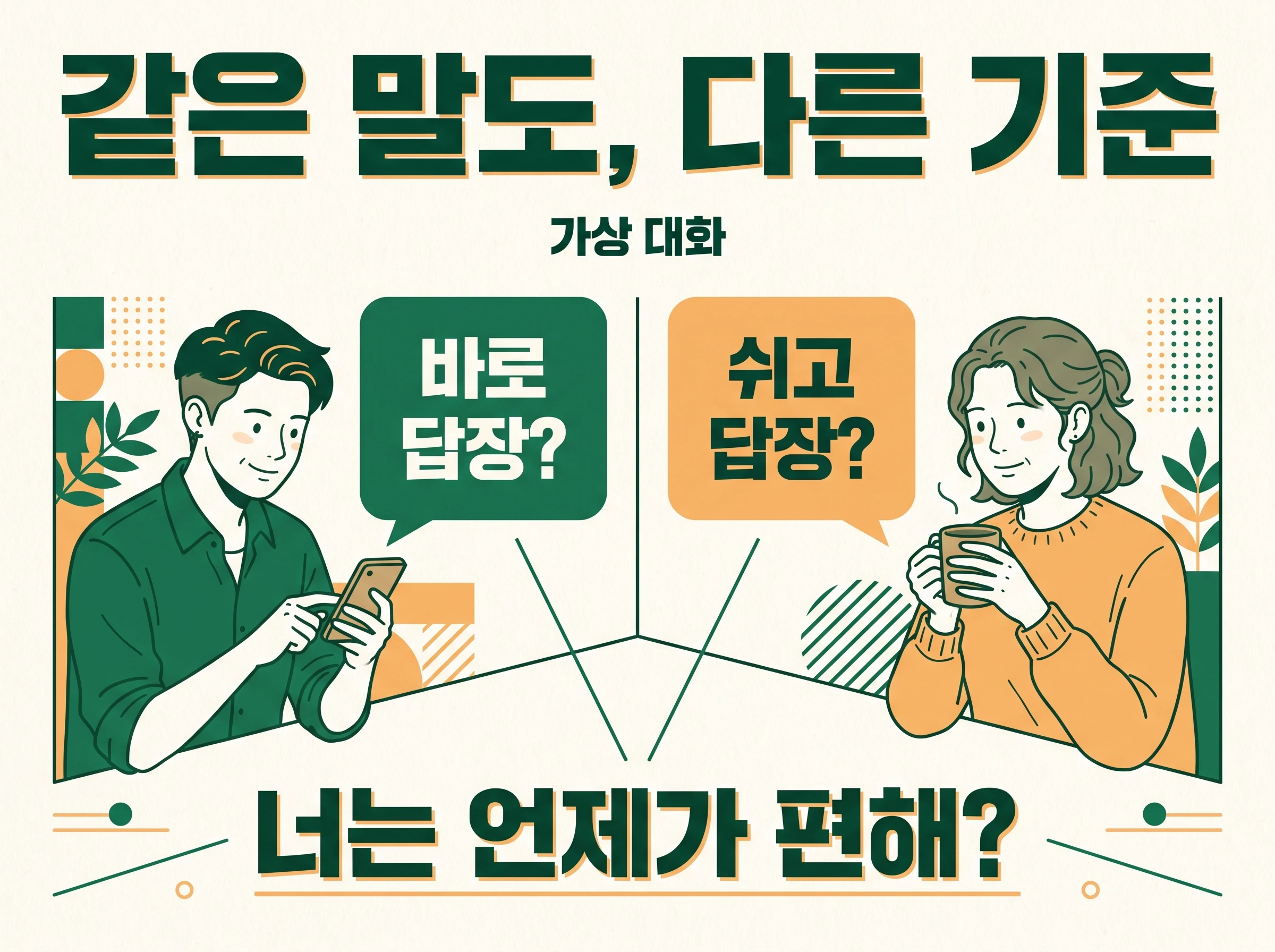 바로 답장과 쉬고 답장이라는 서로 다른 기준을 보여 주고 너는 언제가 편한지 묻는 가상 대화 카드