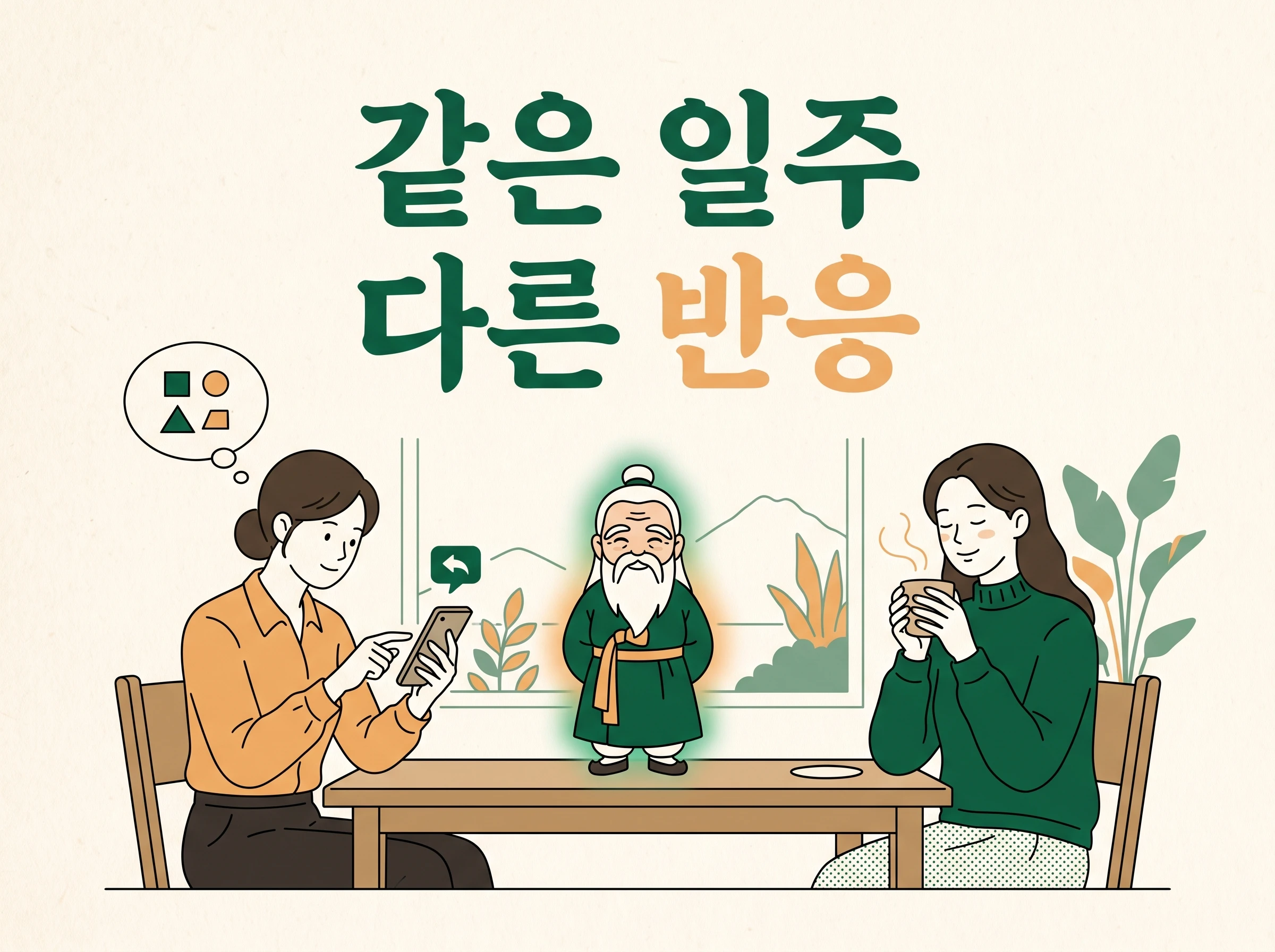 같은 일주를 확인한 두 친구가 답장 시점을 다르게 생각하는 장면과 산신령