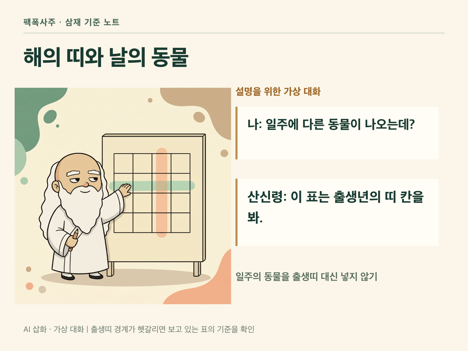 일주에 표시된 동물과 태어난 해의 띠가 다를 때 어떤 칸을 볼지 알려 주는 가상 대화 카드