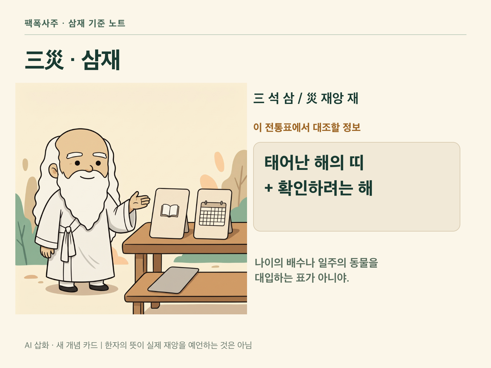 삼재의 한자와 출생년의 띠·확인하려는 해라는 두 입력값을 나눈 새 개념 카드