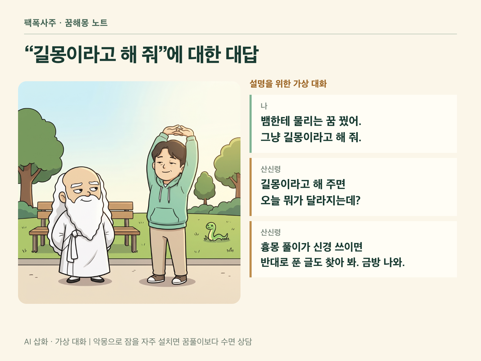 낮 공원 길에서 기지개를 켜는 성인과 그 옆에 뒷짐을 지고 서서 옆눈질하는 작은 산신령, 멀리 풀밭에 작은 초록 뱀이 보이는 그림과 가상 대화 세 줄을 담은 카드