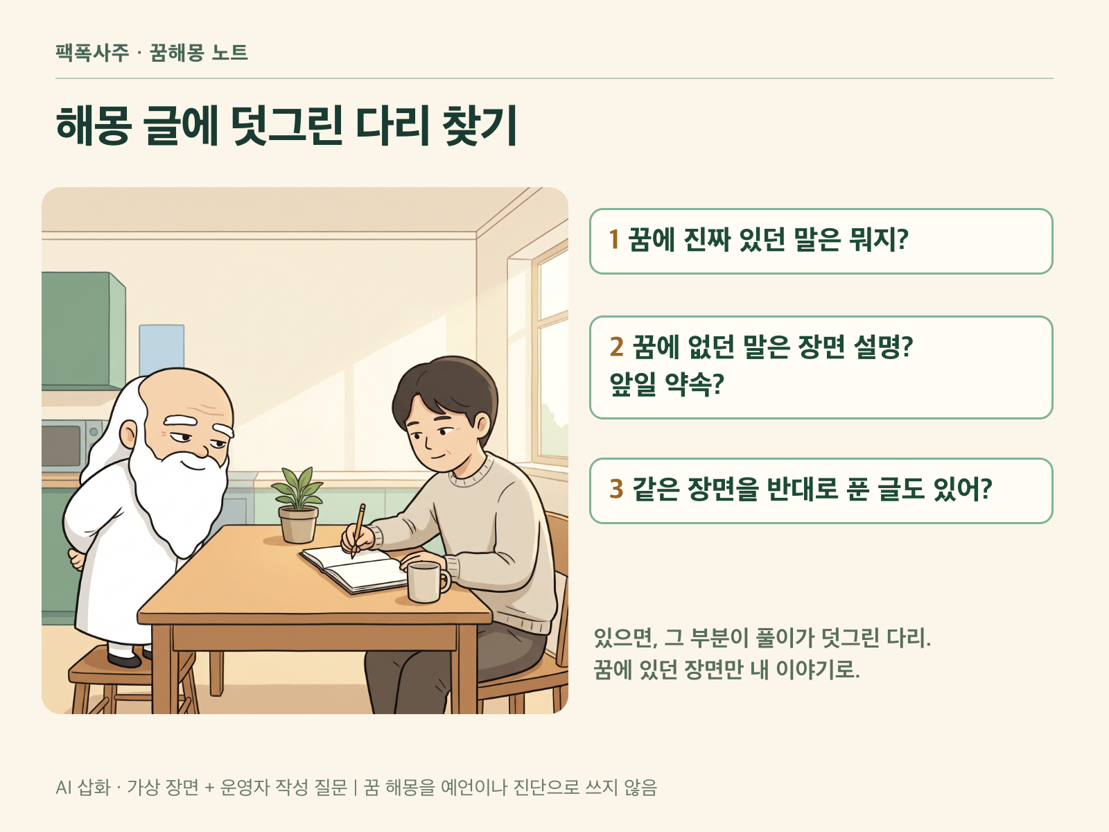 아침 식탁에서 노트를 펴고 무언가를 쓰는 성인과, 낮은 의자 위에 서서 뒷짐을 지고 들여다보는 작은 산신령. 오른쪽에 해몽 글을 읽을 때 던져 볼 질문 세 가지를 정리한 카드