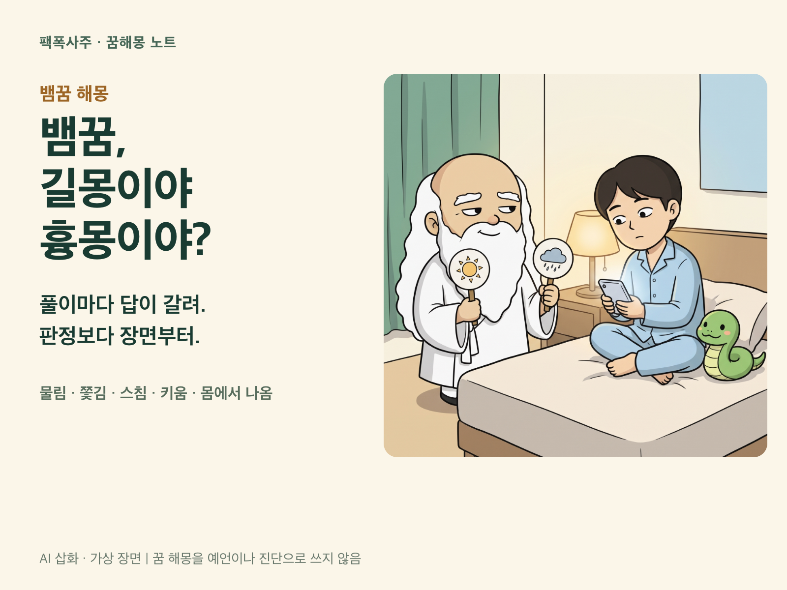 밤에 침대에 책상다리로 앉아 휴대폰을 보며 갸웃하는 성인 옆에서, 해와 비구름이 그려진 손팻말 두 개를 들고 옆눈질하는 작은 산신령. 성인 곁 침대 위에는 초록 뱀 인형이 놓인 가상 장면