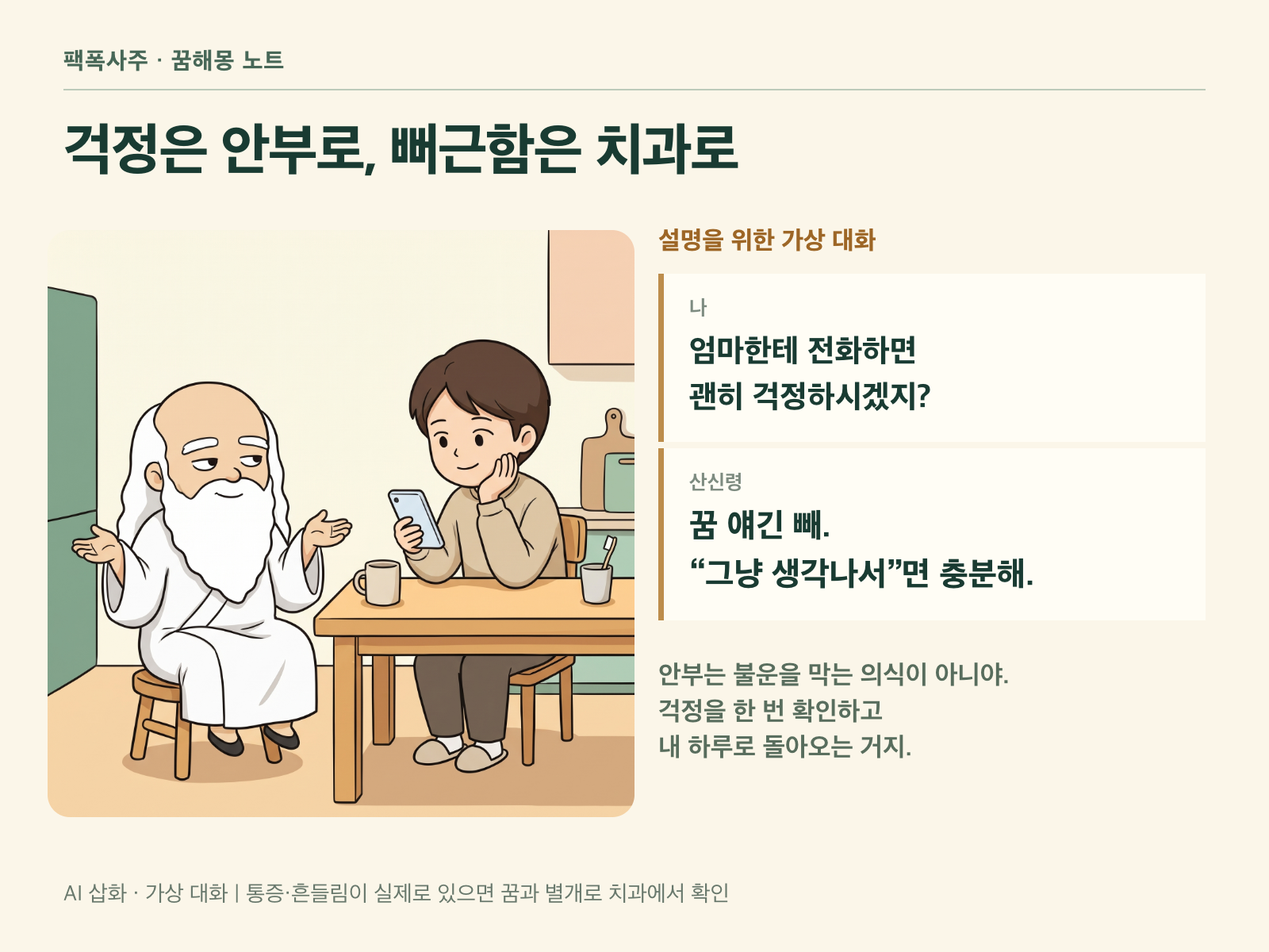 아침 식탁에서 가족에게 안부 문자를 보내는 성인과 어깨를 으쓱하는 작은 산신령의 가상 대화 카드