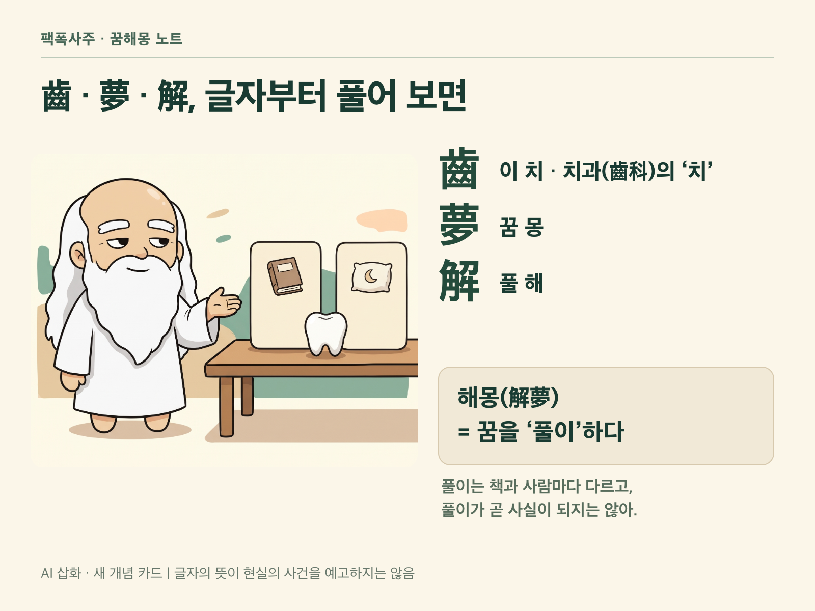 齒·夢·解 세 한자의 뜻과 해몽이 꿈을 풀이한다는 뜻임을 정리한 개념 카드