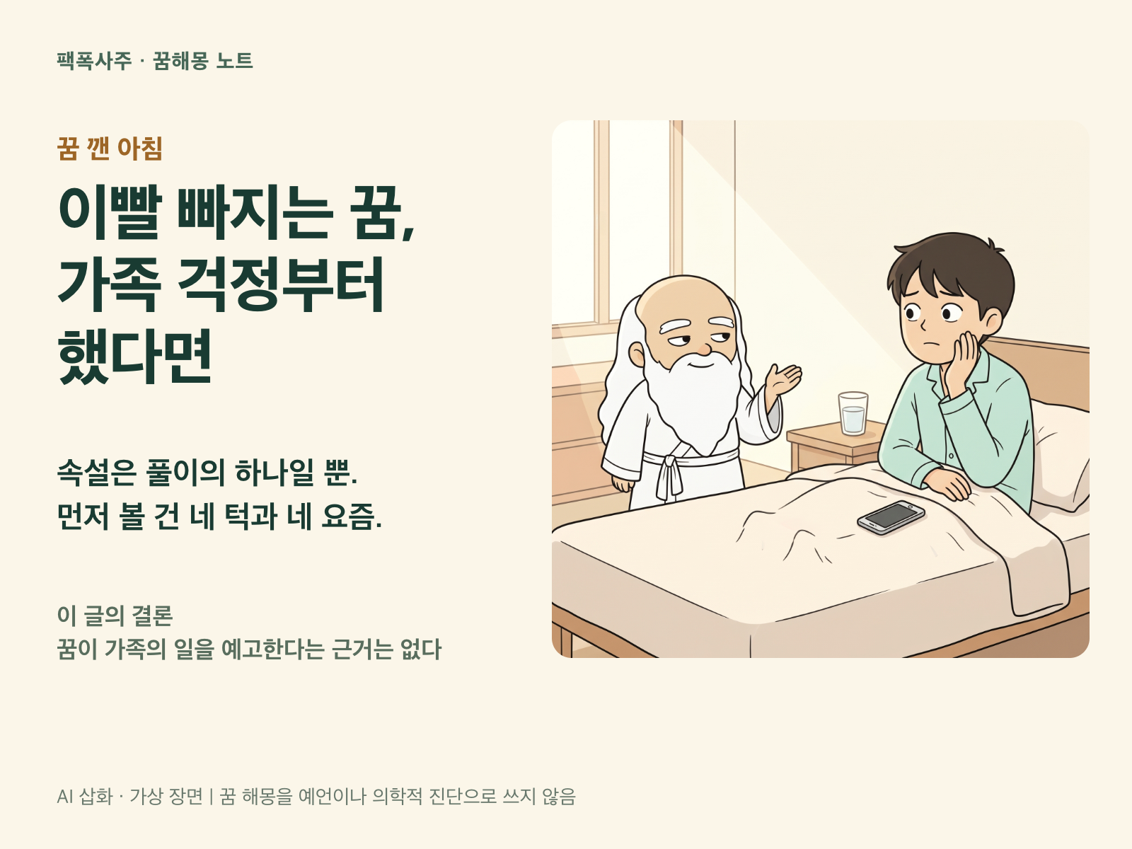 이빨 빠지는 꿈에서 깬 아침, 턱을 만지며 걱정하는 성인 옆에서 손바닥을 펴 보이며 말을 거는 작은 산신령의 가상 장면